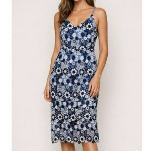 J.O.A. Women's Lace Midi Slip Dress Size Large Navy Blue White Floral Romantic